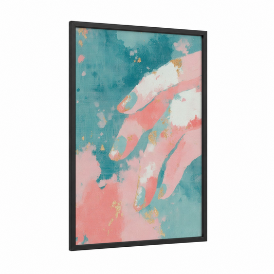 Abstract Nail Art framed art print — black wood frame — pink and teal palette