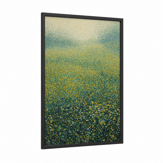 Golden Meadow Landscape framed green field print — black wood frame — gold and green palette