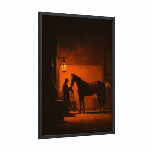 Stable Groom framed horse racing print — black wood frame — orange and black palette