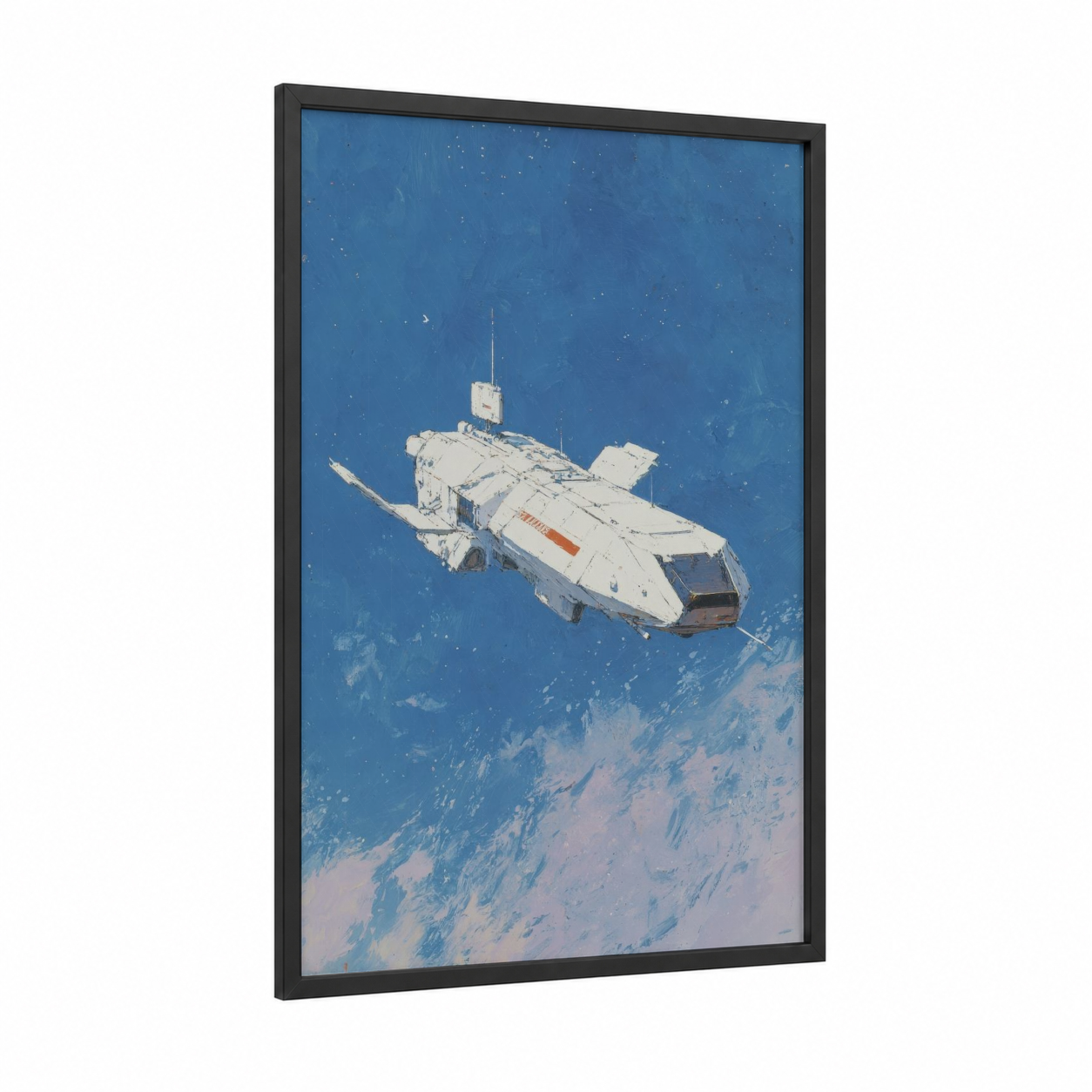 Orbital Station framed sci-fi print — black wood frame — blue and white palette