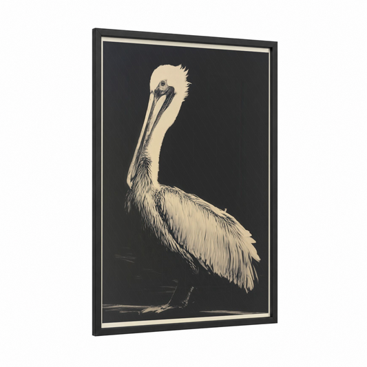 Elegant Pelican Study framed art print — black wood frame — black and white and cream palette