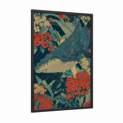 Blooming Whale framed blue whale print — black wood frame — teal and red palette