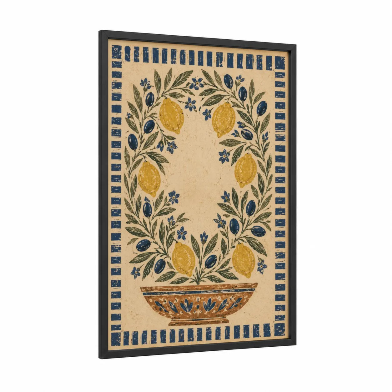 Mediterranean Lemon And Olive Tree Wall Art framed art print — black wood frame — blue and gold palette