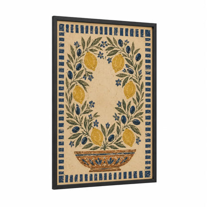 Mediterranean Lemon And Olive Tree Wall Art framed art print — black wood frame — blue and gold palette