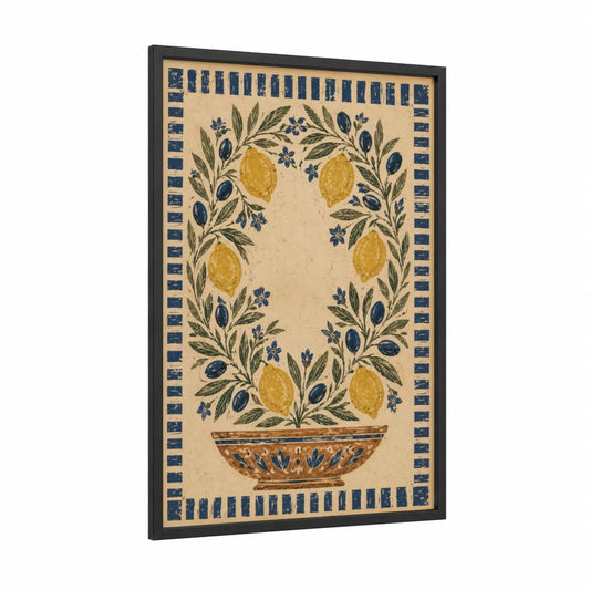 Mediterranean Lemon And Olive Tree Wall Art framed art print — black wood frame — blue and gold palette