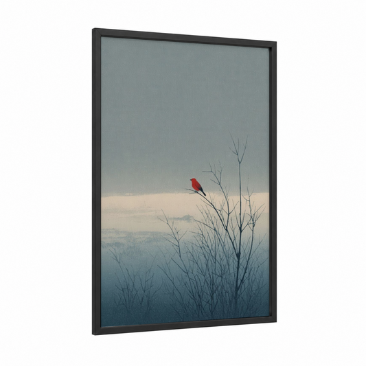 Crimson Songbird framed dreamscape print — black wood frame — gray and blue and white palette