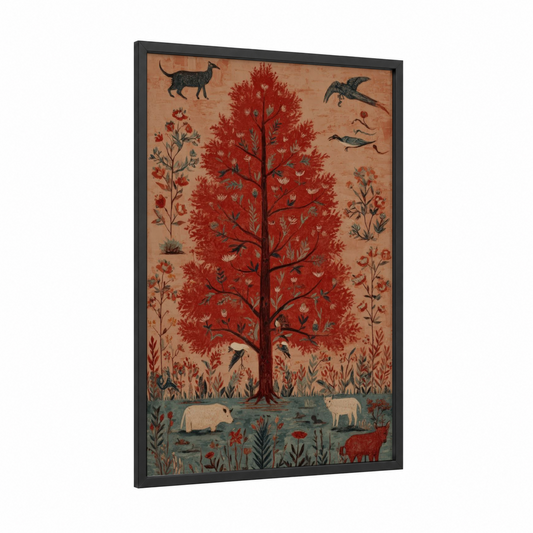 Crimson Cypress Tree framed art print — black wood frame — russet and cream palette