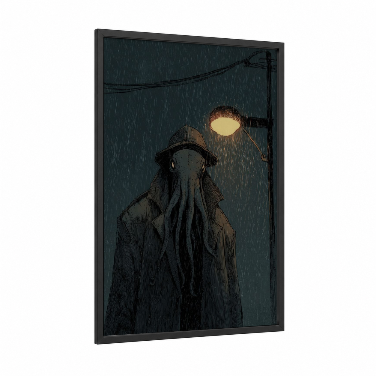 Rainy Night Octopus framed art print — black wood frame — dark blue and gold palette