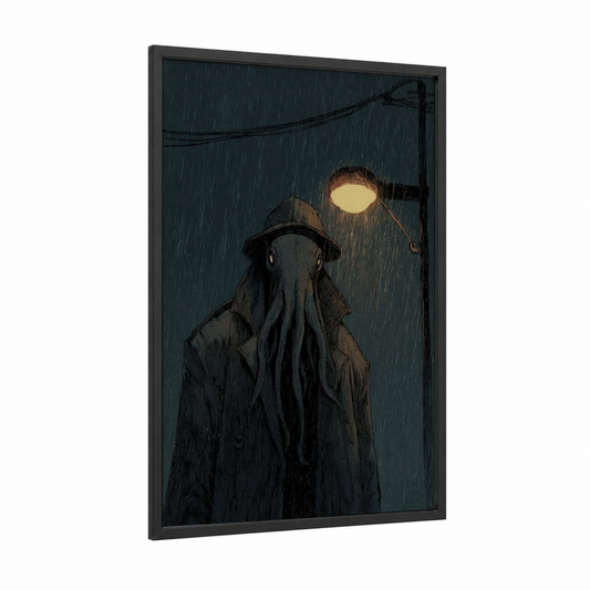 Rainy Night Octopus framed art print — black wood frame — dark blue and gold palette