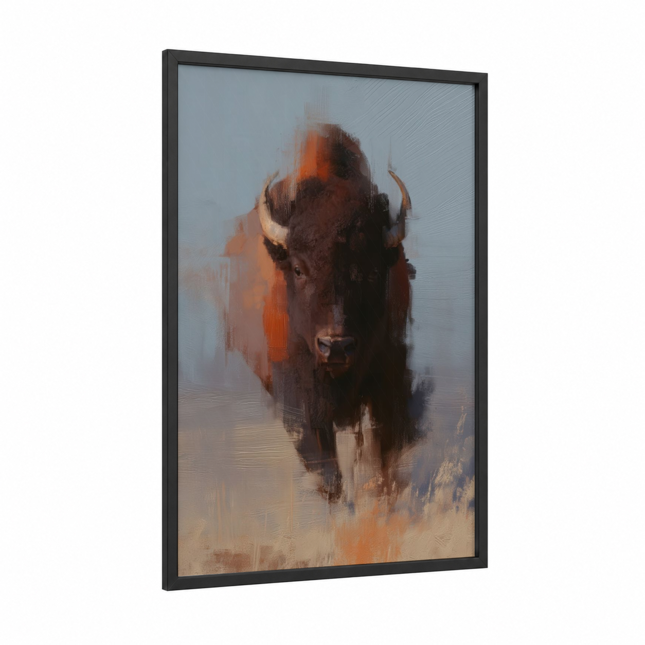 Misty Bison framed art print — black wood frame — orange and gray palette