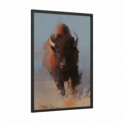 Misty Bison framed art print — black wood frame — orange and gray palette