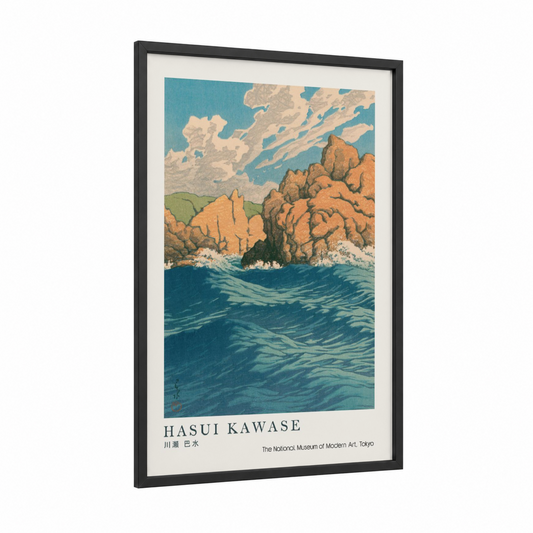 Rocky Coastal Seascape framed seascapes and ocean print — black wood frame — teal and gold palette
