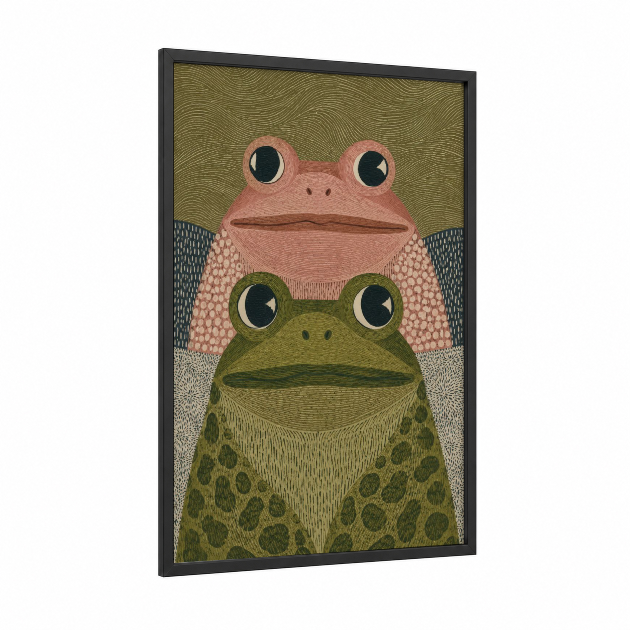 Stacked Frogs Geometric Wall Art framed frogs and toads print — black wood frame — olive and beige palette