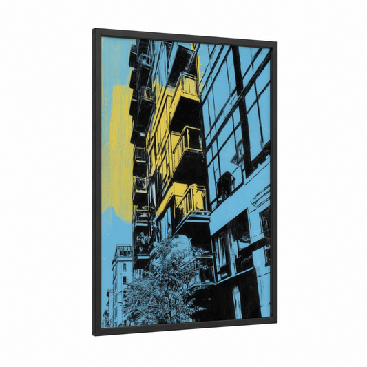 Urban Geometry framed abstract architecture print — black wood frame — yellow gold and blue palette