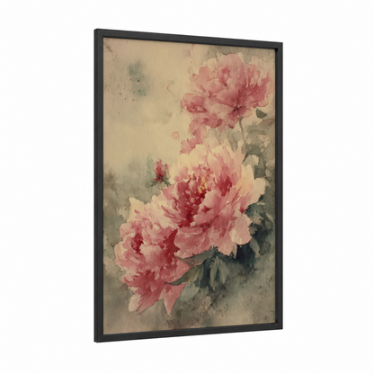 Vintage Peony Cluster framed art print — black wood frame — pink and cream palette