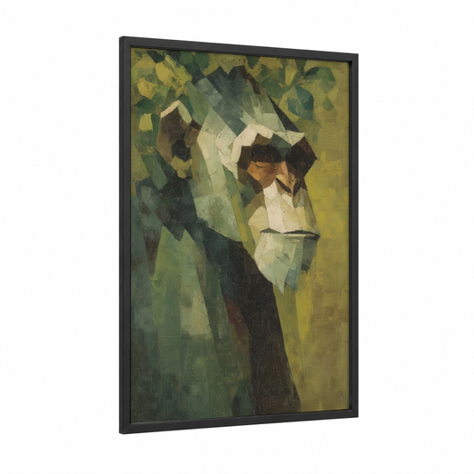 Contemplative Chimpanzee framed art print — black wood frame — olive and green palette