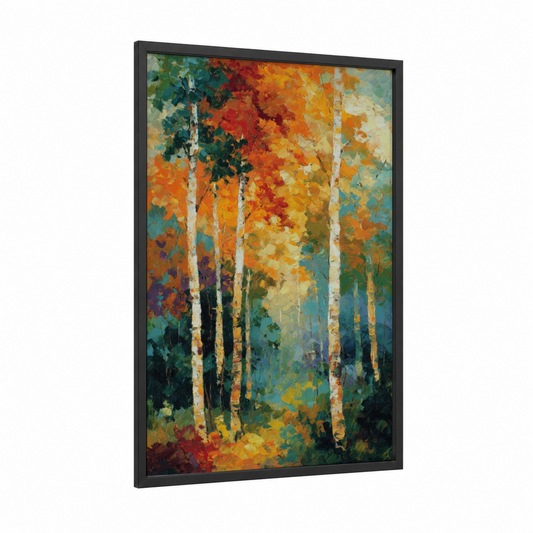 Autumn Birch Forest framed art print — black wood frame — gold and teal palette