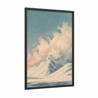 Snowy Mountain Glacier framed art print — black wood frame — blue and white and cream palette