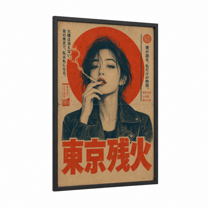Japanese Retro Cigarette Advertisement Wall Art framed smoking print — black wood frame — red and beige palette