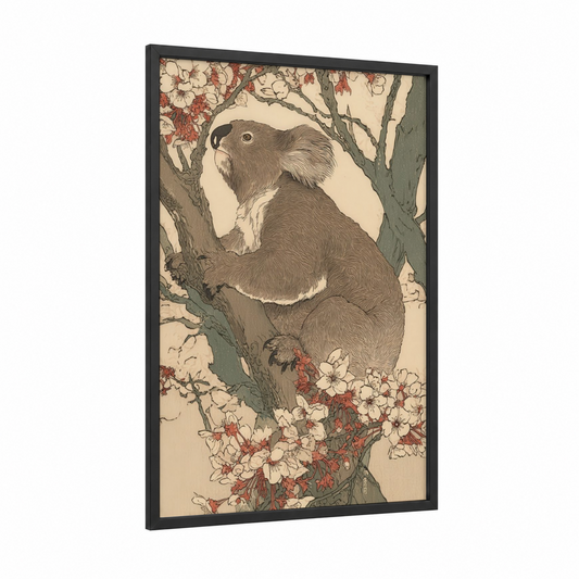 Blossom Koala framed art print — black wood frame — cream and russet palette