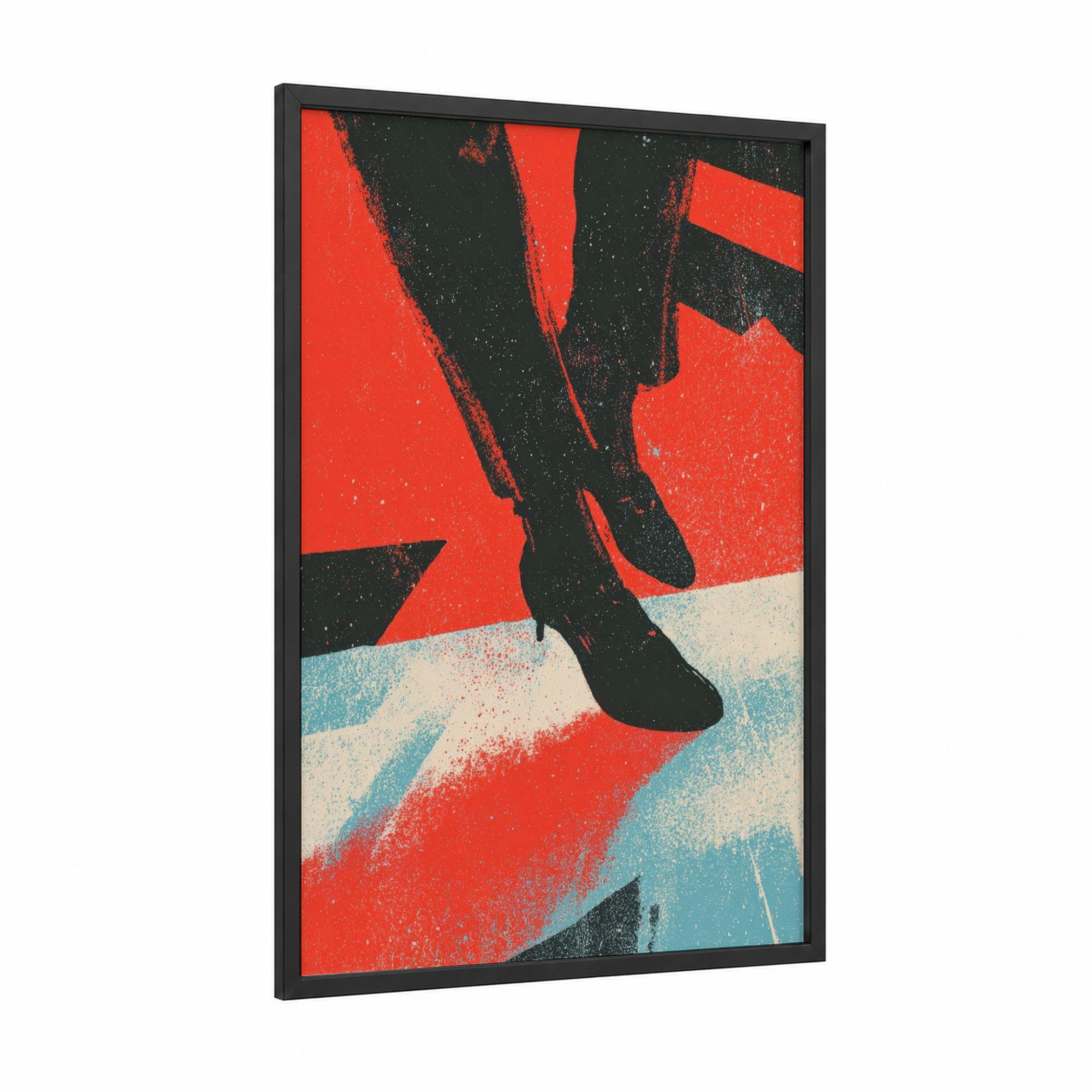 Energetic Swing Dancers framed art print — black wood frame — red and black and white palette