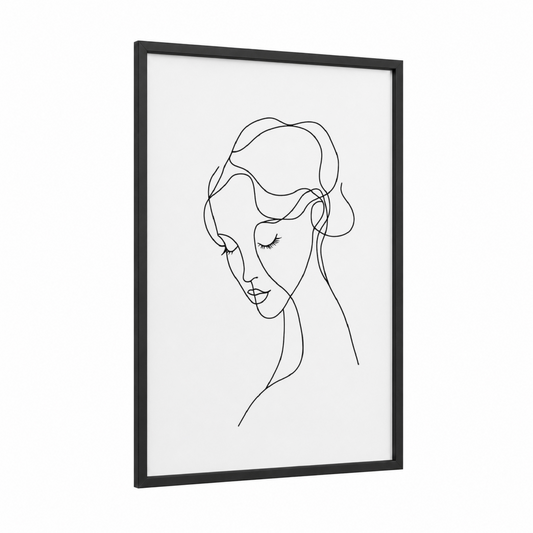 Minimalist Line Portrait framed fashion illustration print — black wood frame — black and white palette