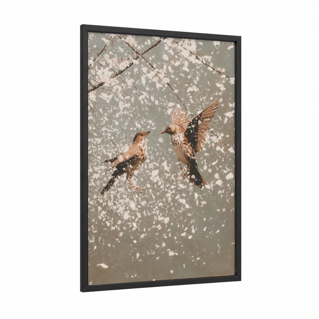 Spring Thrush Pair framed art print — black wood frame — gray and white palette