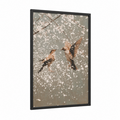 Spring Thrush Pair framed art print — black wood frame — gray and white palette