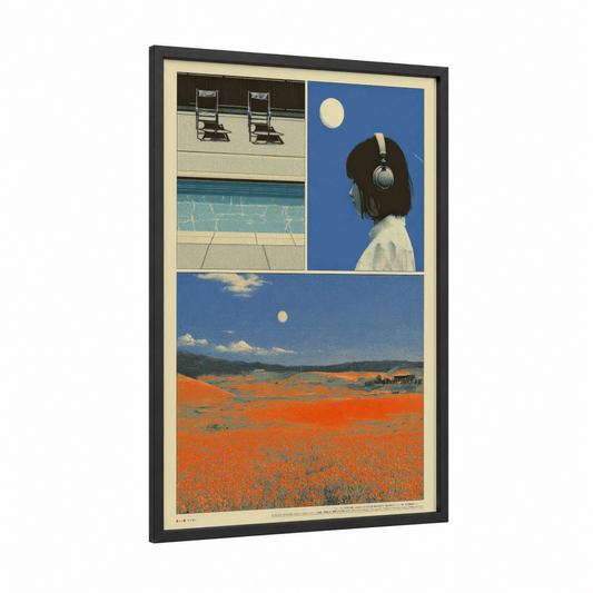 Dreamy Y2K Collage framed japanese y2k print — black wood frame — blue and orange palette