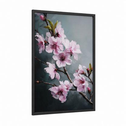 Spring Cherry Blossoms framed art print — black wood frame — pink and gray palette