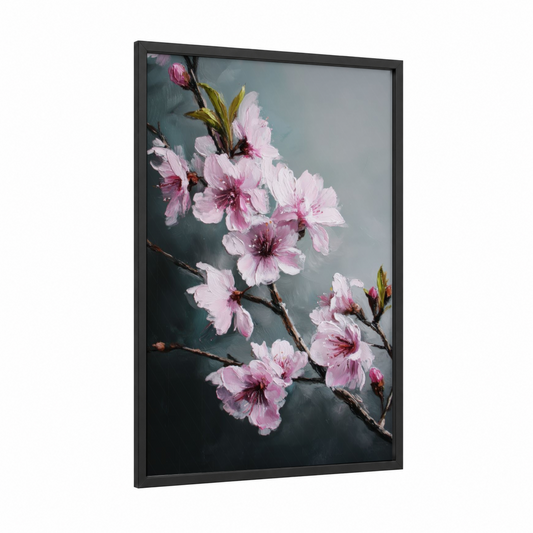 Spring Cherry Blossoms framed art print — black wood frame — pink and gray palette