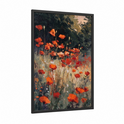 Crimson Poppy Field framed poppies print — black wood frame — red and dark green palette