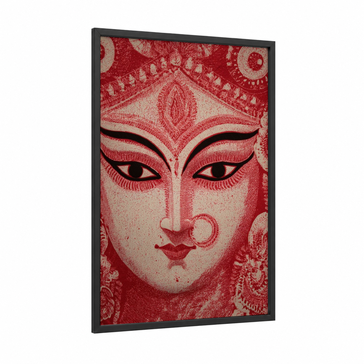 Crimson Deity Face framed hindu holidays print — black wood frame — red and cream palette