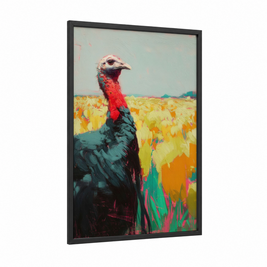 Vibrant Field Turkey framed art print — black wood frame — yellow gold and teal palette