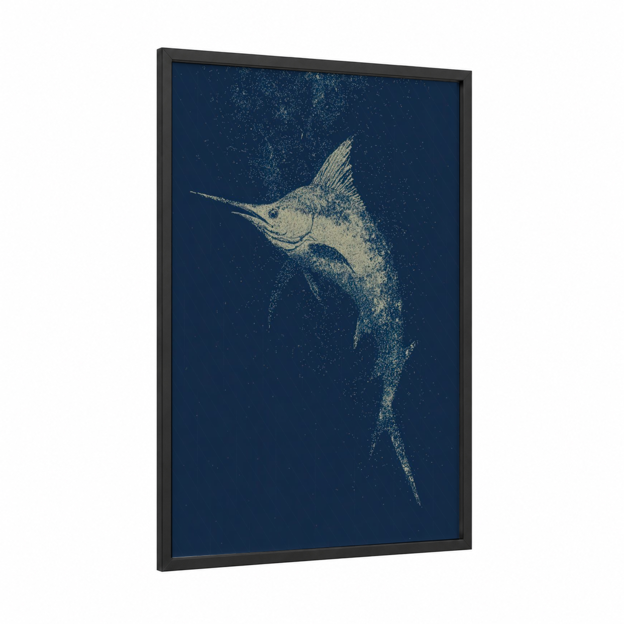 Golden Marlin framed blue marlin print — black wood frame — dark blue and gold palette