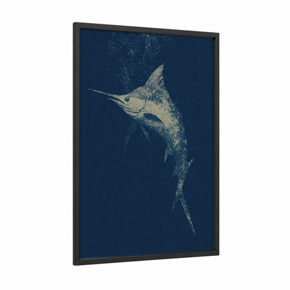 Golden Marlin framed blue marlin print — black wood frame — dark blue and gold palette