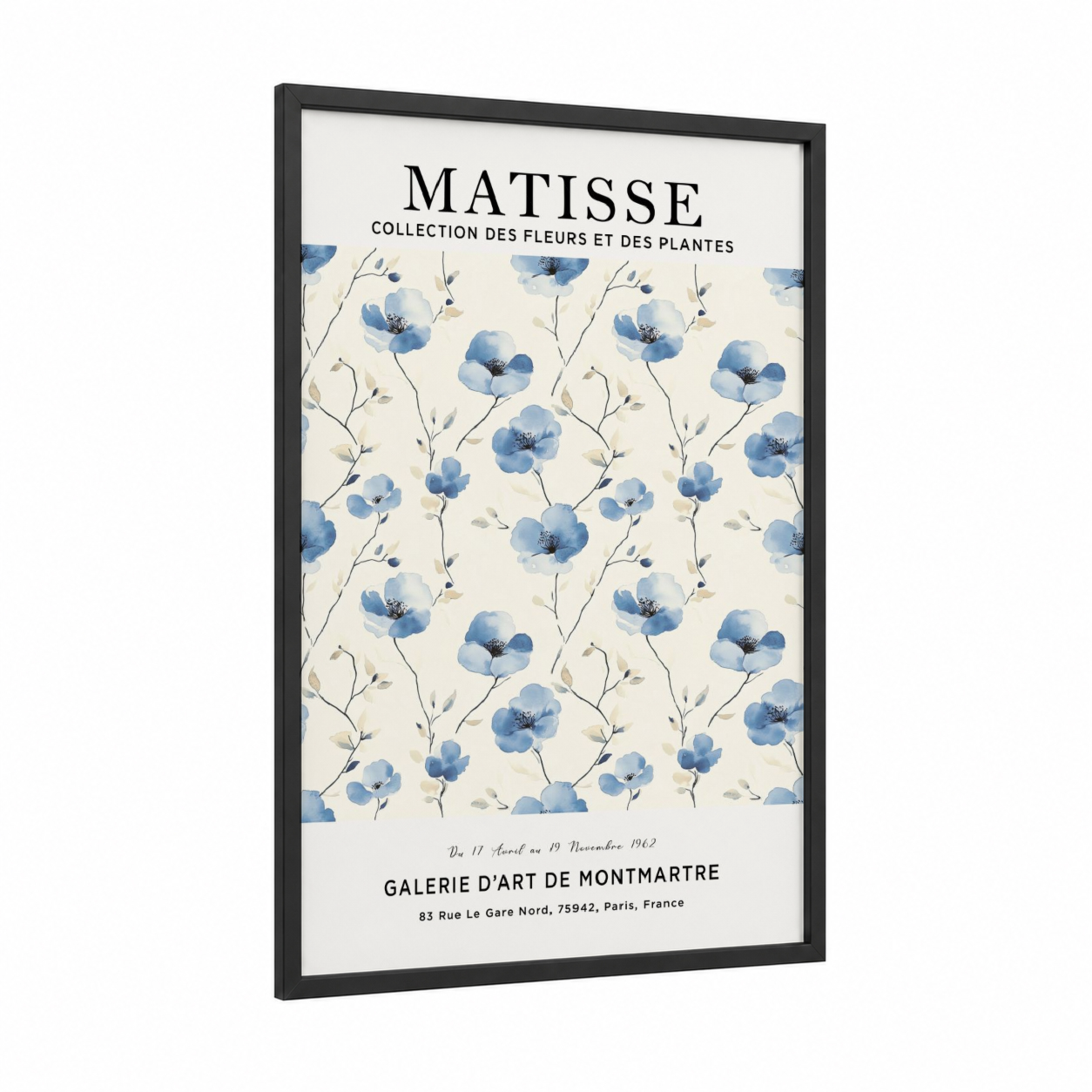 Blue Matisse Florals framed abstract flower print — black wood frame — blue and cream palette