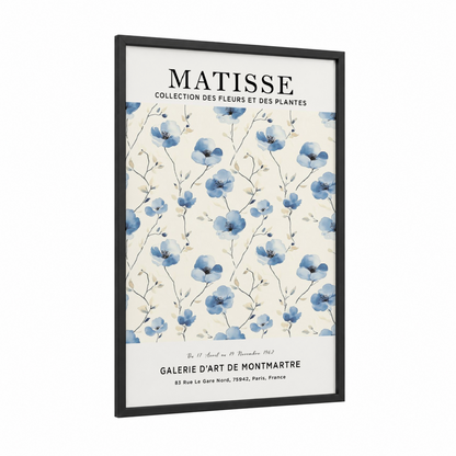 Blue Matisse Florals framed abstract flower print — black wood frame — blue and cream palette
