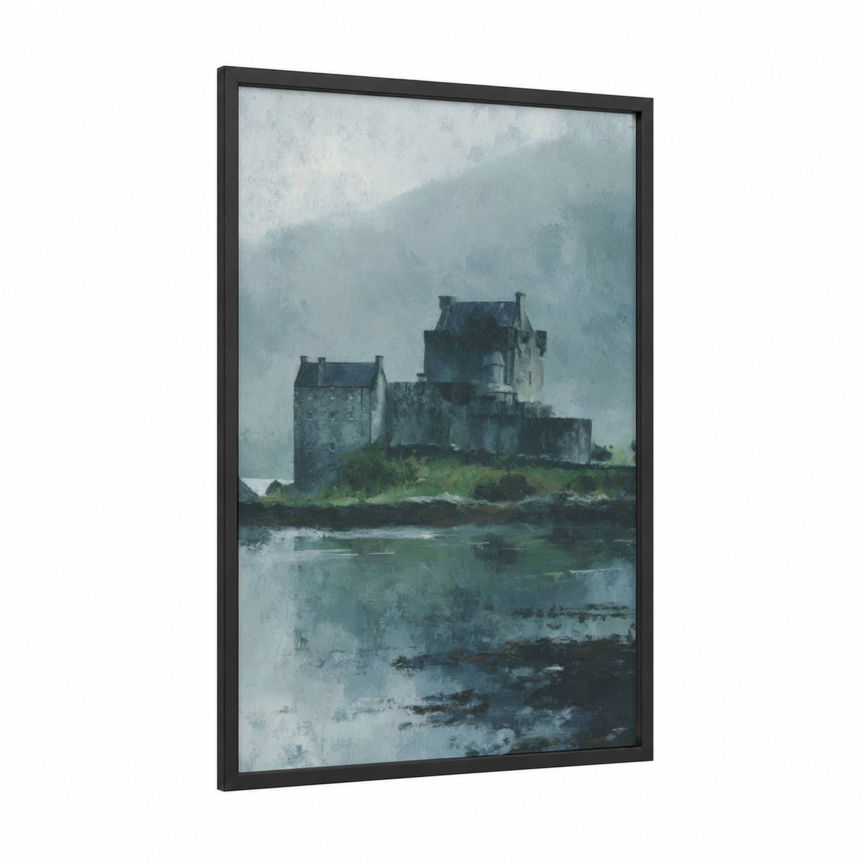 Misty Castle Reflection framed art print — black wood frame — gray and white and blue and gray palette