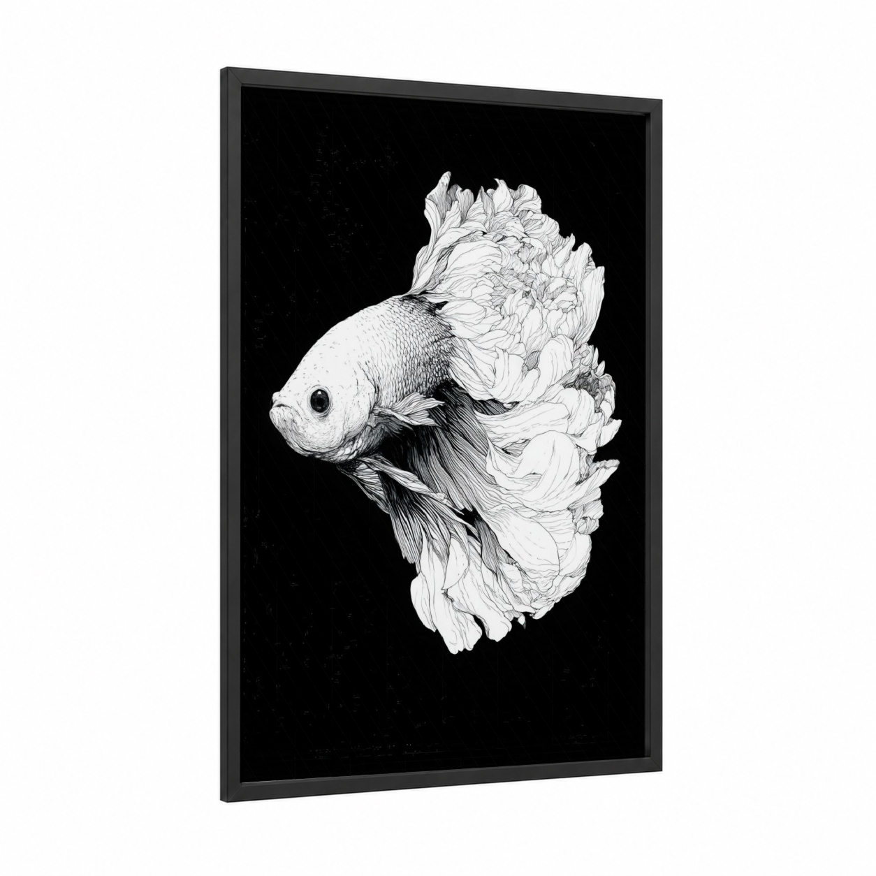Elegant Betta Fish framed fighting fish print — black wood frame — black and white palette