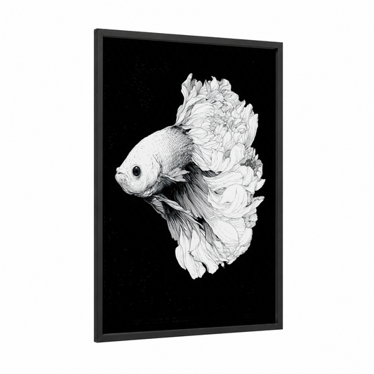 Elegant Betta Fish framed fighting fish print — black wood frame — black and white palette