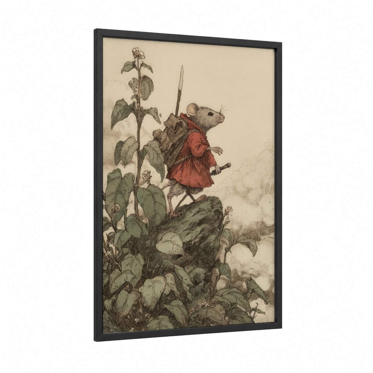 Brave Mousketeer framed mice print — black wood frame — beige and olive palette