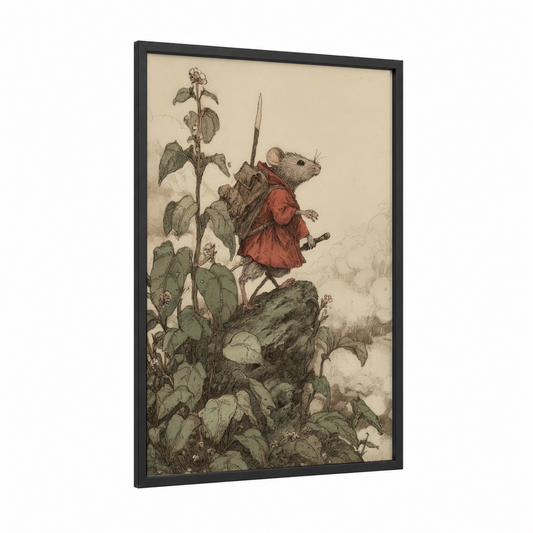 Brave Mousketeer framed mice print — black wood frame — beige and olive palette
