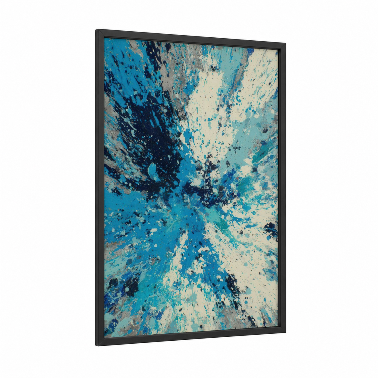 Oceanic Explosion framed tuna print — black wood frame — blue and blue and white palette
