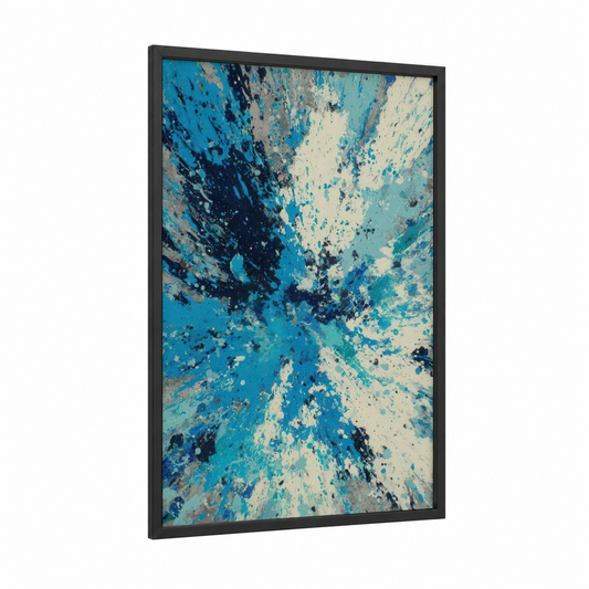 Oceanic Explosion framed tuna print — black wood frame — blue and blue and white palette