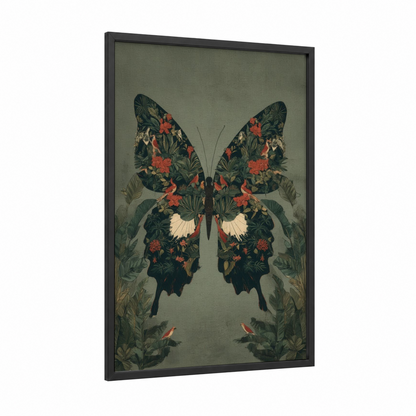 Floral Butterfly Garden framed art print — black wood frame — dark green and cream palette