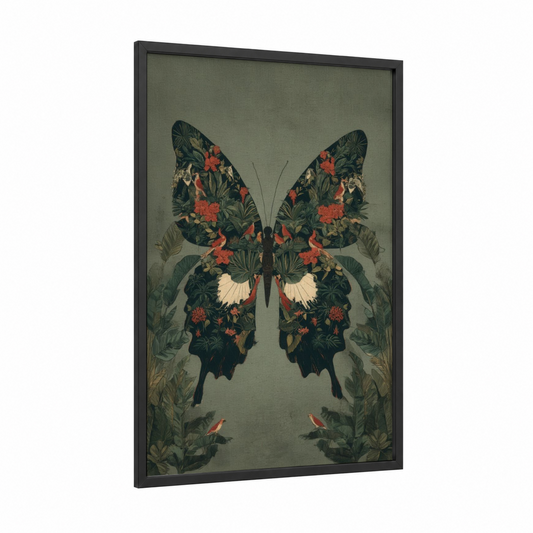Floral Butterfly Garden framed art print — black wood frame — dark green and cream palette