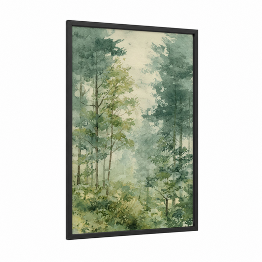 Misty Cedar Forest framed art print — black wood frame — sage green and cream palette