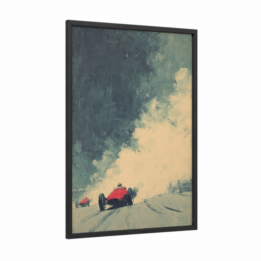 Vintage Racing Blur framed auto racing print — black wood frame — green and cream palette