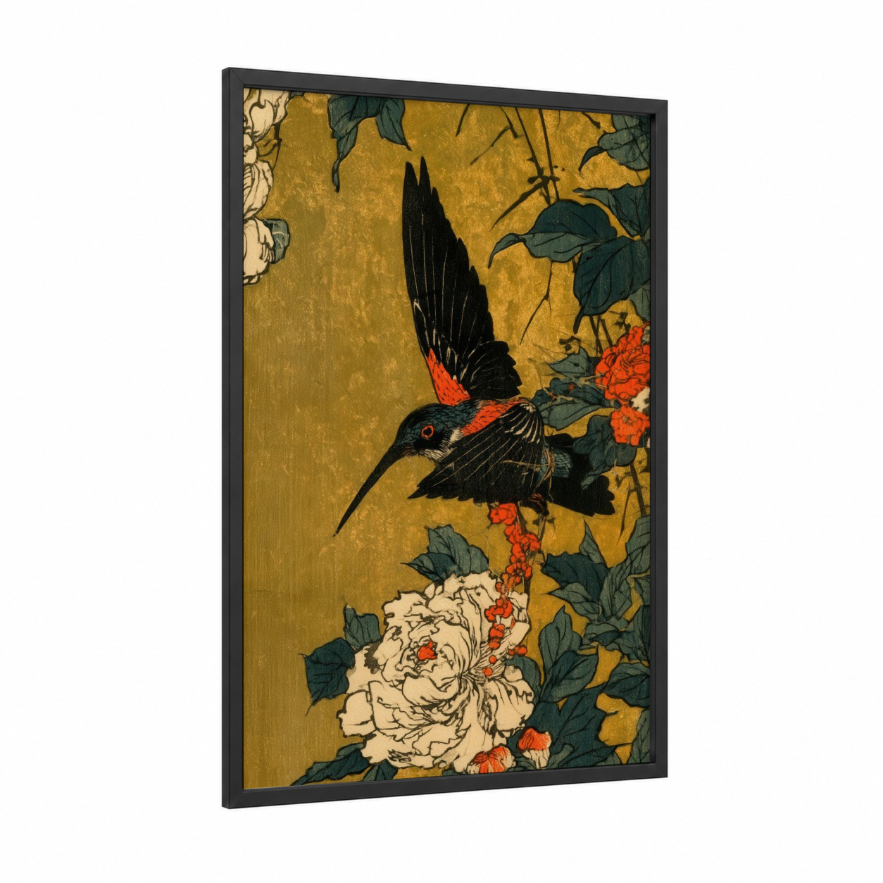 Crimson Hummingbird framed art print — black wood frame — gold and dark green palette